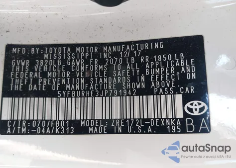 2018 Toyota Corolla Le из США, поврежденный, VIN 5YFBURHE3JP791942